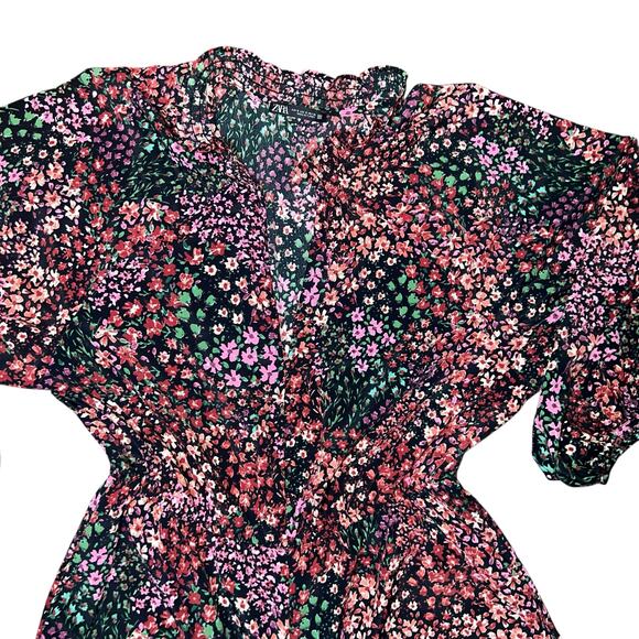 Zara floral pink black wide leg jumpsuit stretchy size women's small v-neck - Picture 4 of 5